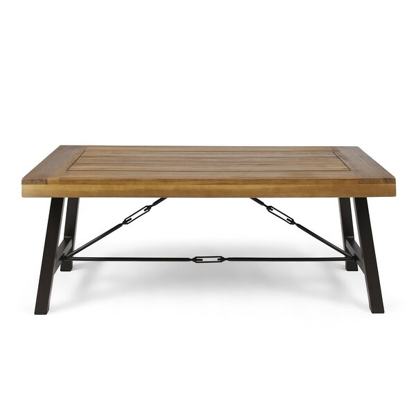 Outdoor Acacia Wood Coffee Table，Teak Finish / Rustic Metal Brown and Black，27.25