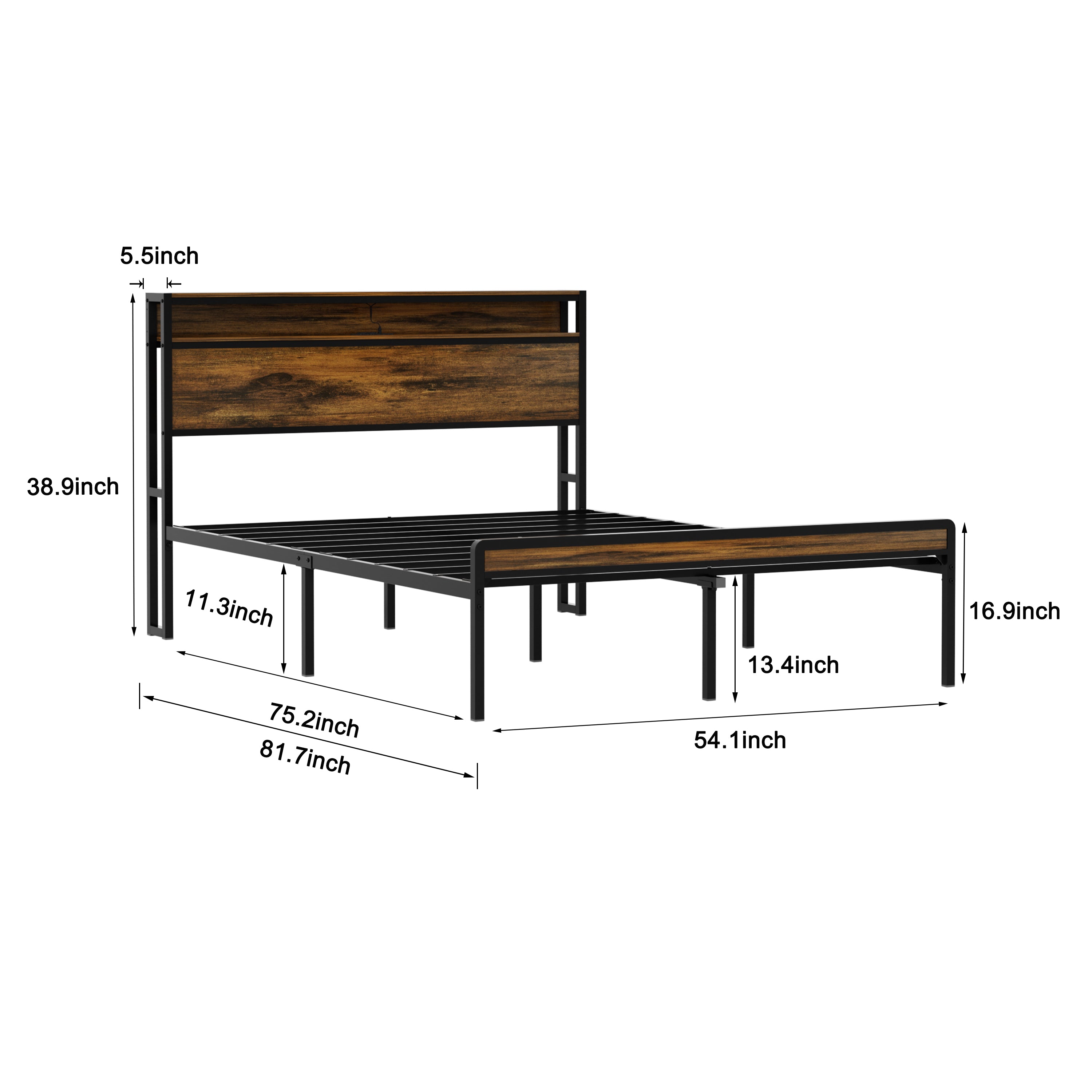 Full Size Metal Bed Frame with Steel Slat Support,  LED Lighting, USB, Headboard and Footboard