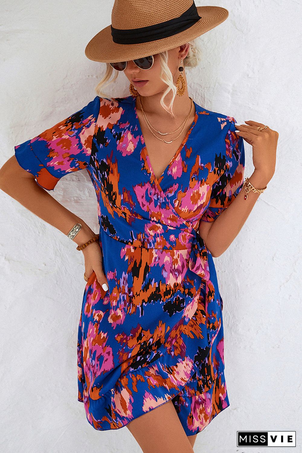 Wrap V Neck Abstract Printed Ruffles Dress