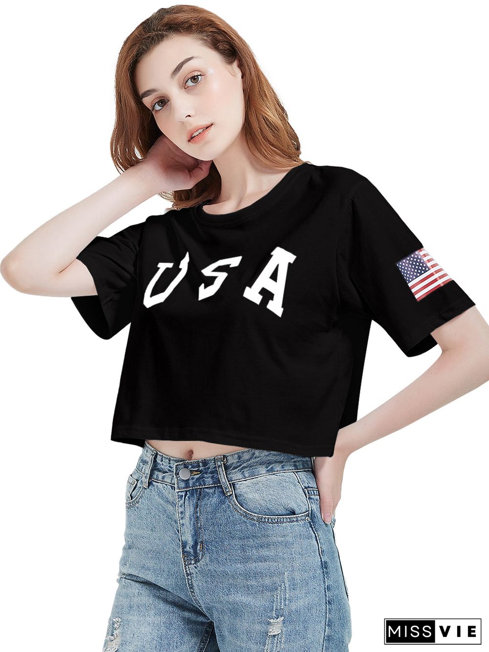 Anna-Kaci Women's Letter Print Crop Top Short Sleeve July 4th USA Flag T-Shirt