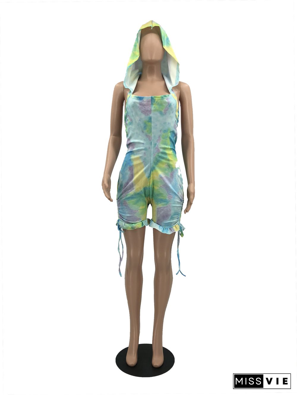 Tie Dye Ruffle Backless Hooded Drawstring Romper