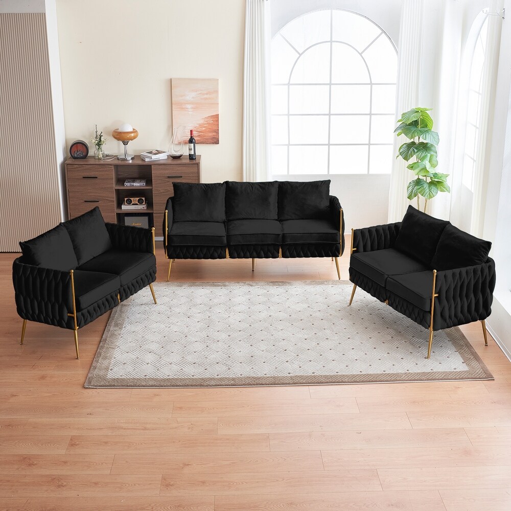 Handmade Woven Sofa Sets Velvet Sectional Loveseat Set Tufted Double Accent Armchair Couch with Golden Legs for Living Room