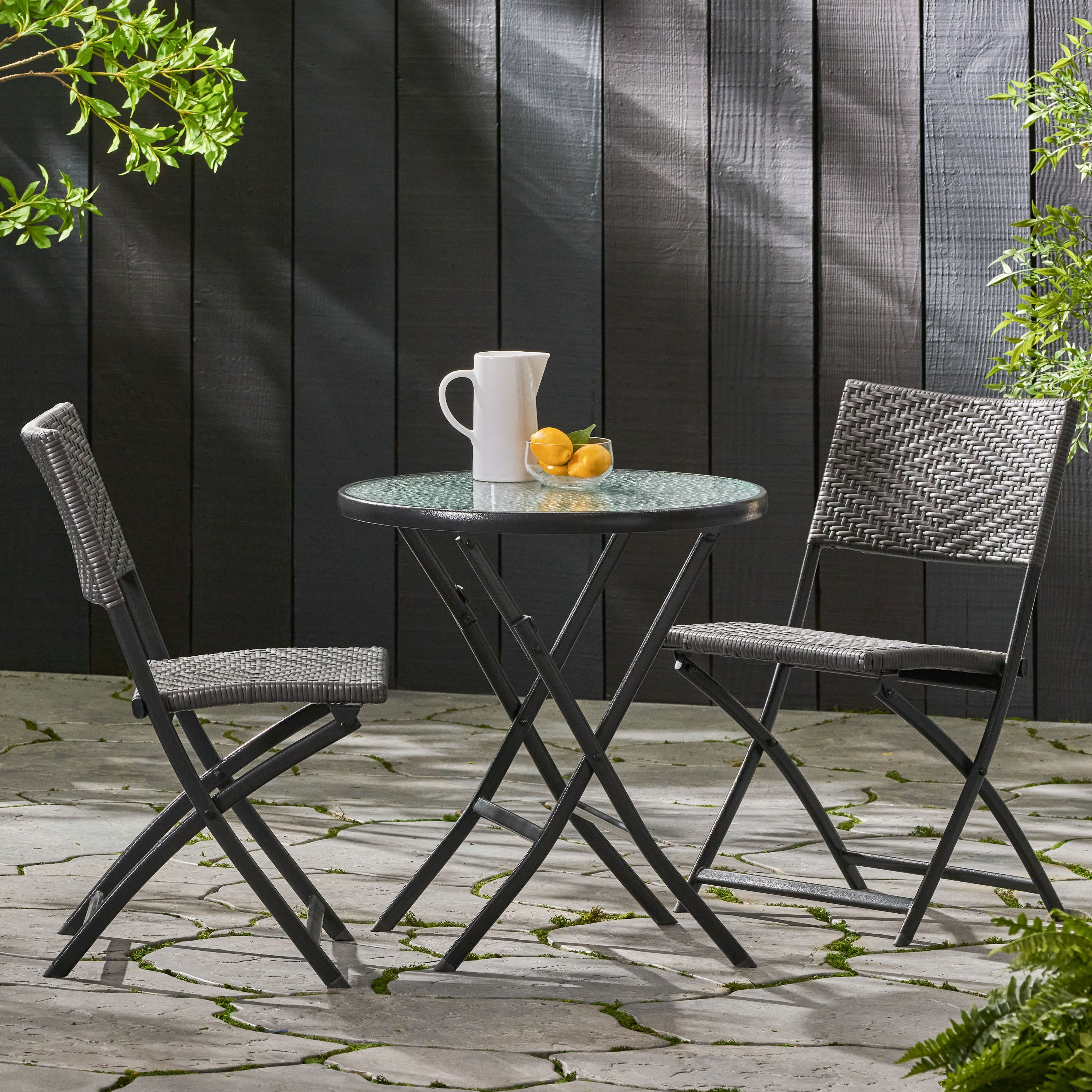 Moreton Outdoor 3-Piece Gray Wicker Folding Bistro Set With Aquatex Glass Top