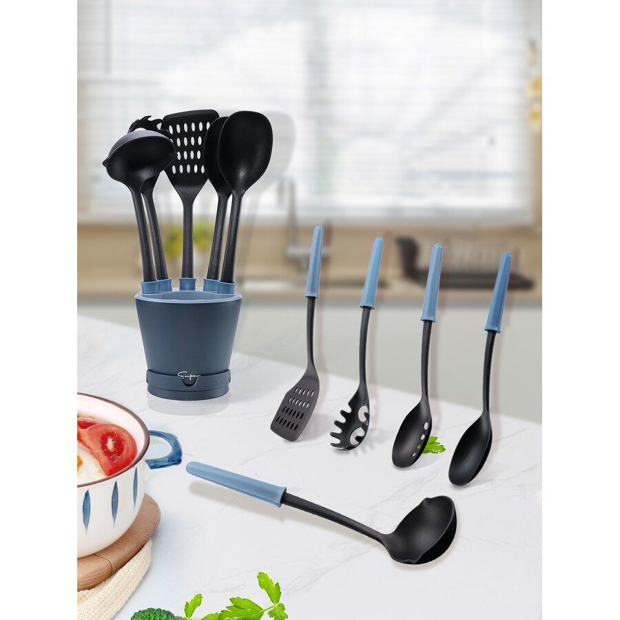 Crock Sets with 5 Pieces Kitchen Utensil with Spoon Rest  Ladle  Spaghetti Spoon  Slotted Turner  Solid Spoon  Slotted Spoon