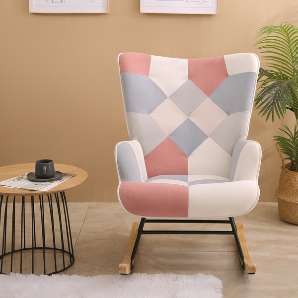 Fabric Rocker Chair with Wood Legs and Patchwork Linen