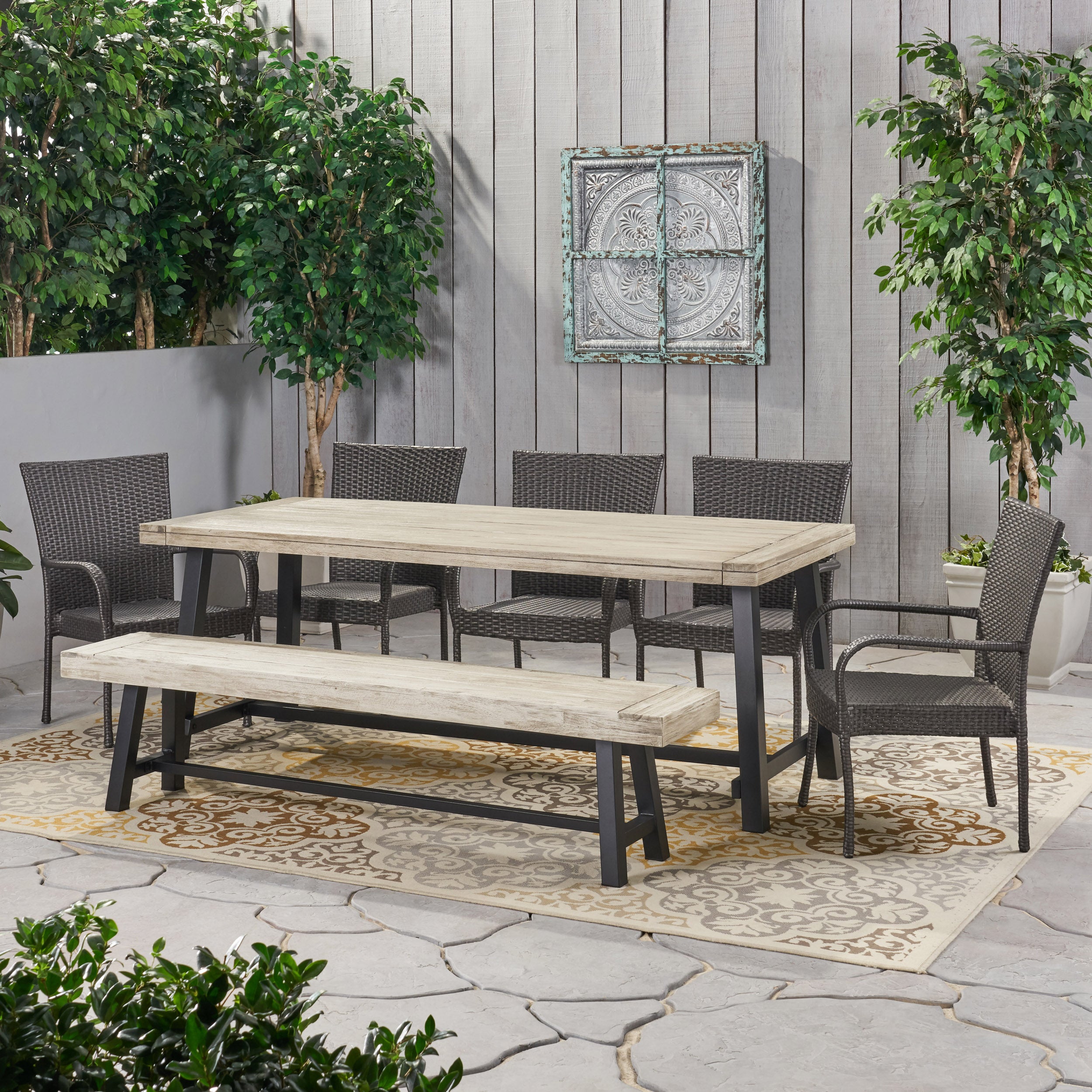 Gryphon Outdoor Rustic Acacia Wood 8 Seater Dining Set with Dining Bench