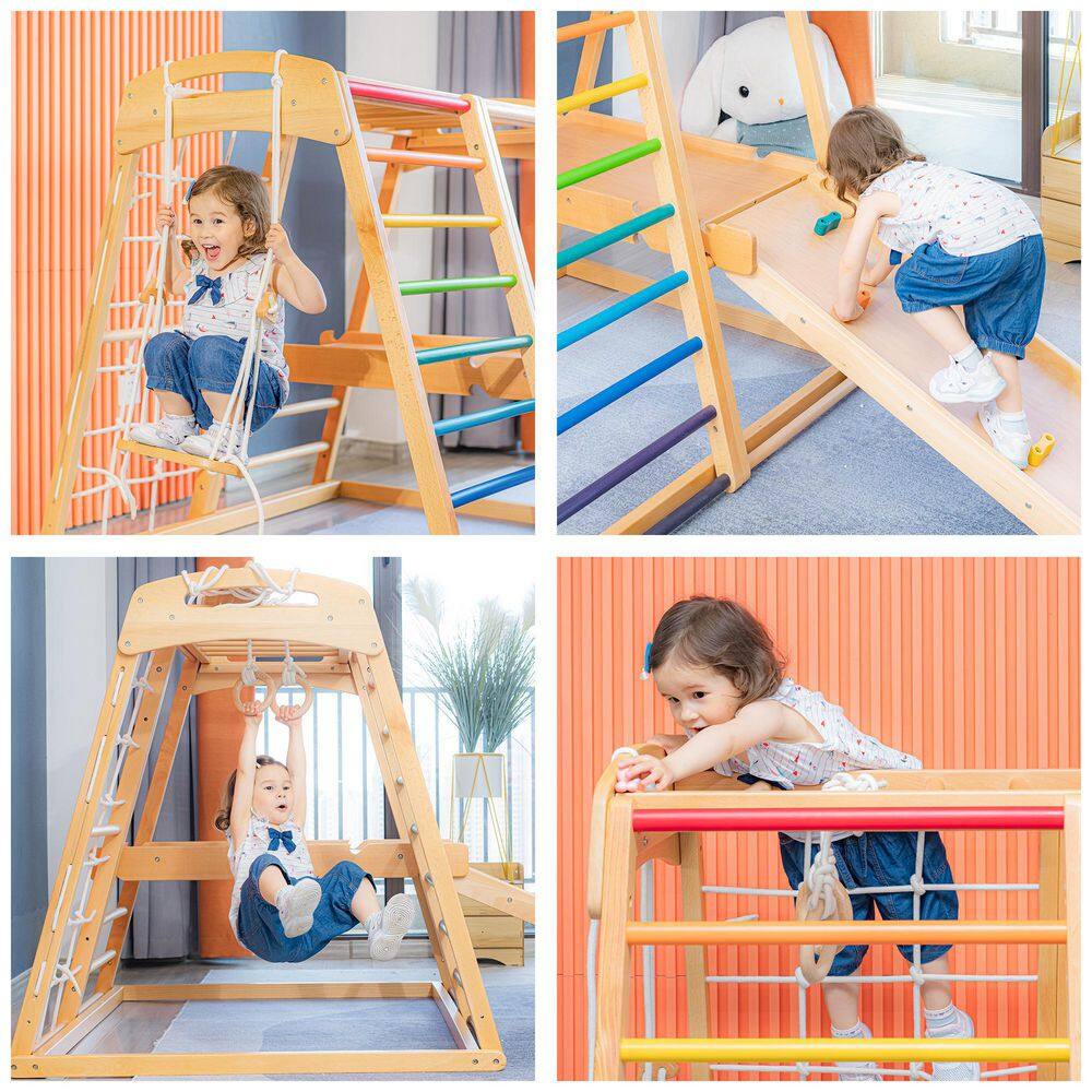 TIRAMISUBEST Solid Wood 7-in-1 Indoor Climber with Slide and Swing for Kids from 18 months to 10 years old W679XYS00027