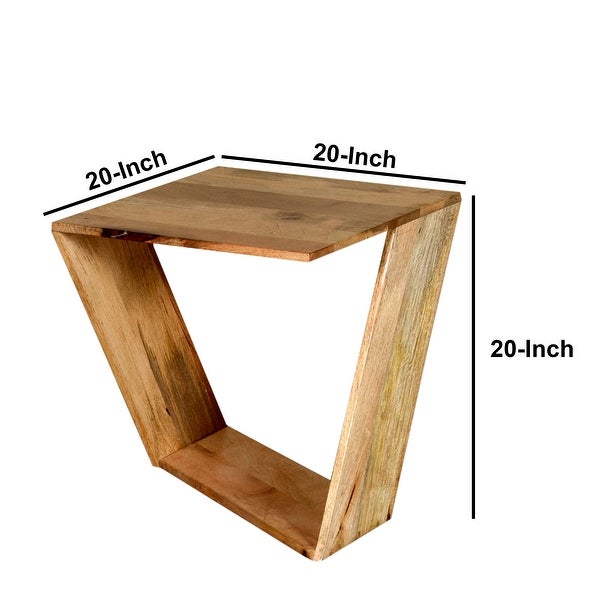 20 Inch Handcrafted Mango Wood Side End Table， with angled Panel Artisanal Base for Foyer， Den， Bedroom， or Living Room