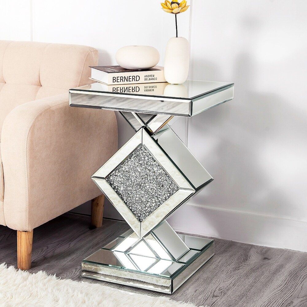 Rectangular Mirrored Glass End Table Modern Silver Accent Table