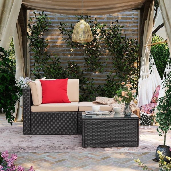 Furniwell 3Pieces Patio Outdoor Furniture Sets AllWeather Rattan Sectional Sofa with Table and Cushions