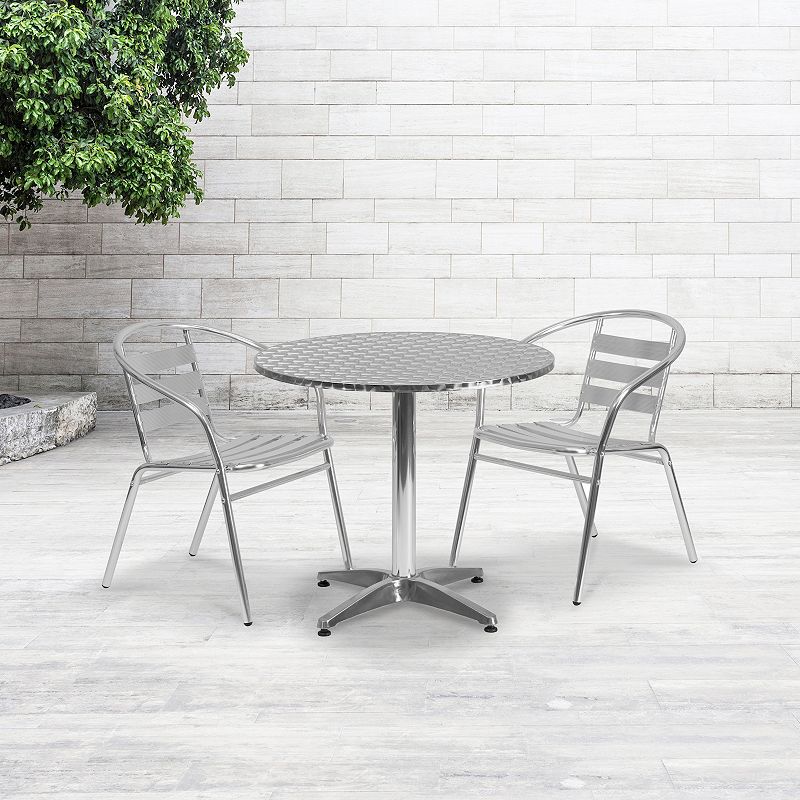 Emma and Oliver 31.5 Round Aluminum Table Set with 2 Slat Back Chairs