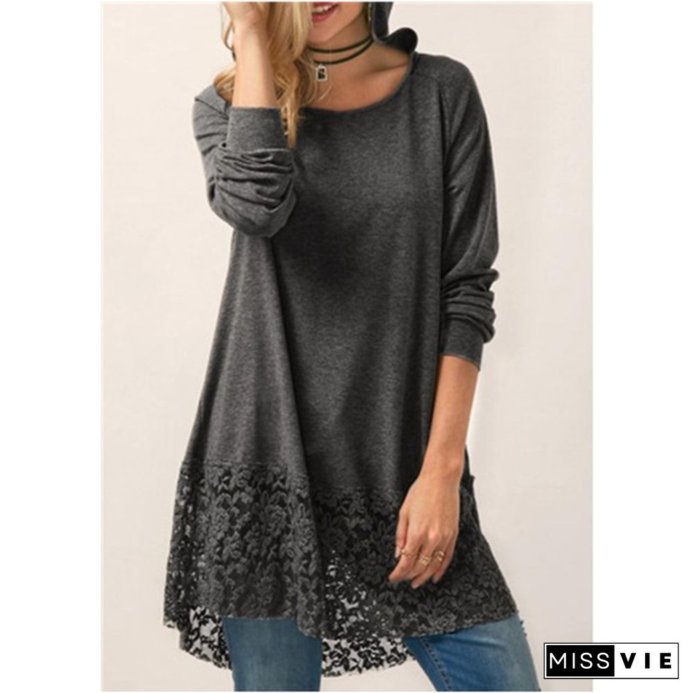 Women Fashion Solid Color Hoodies Long Sleeved T-Shirt Autumn Lace Hooded Sweater Plus Size