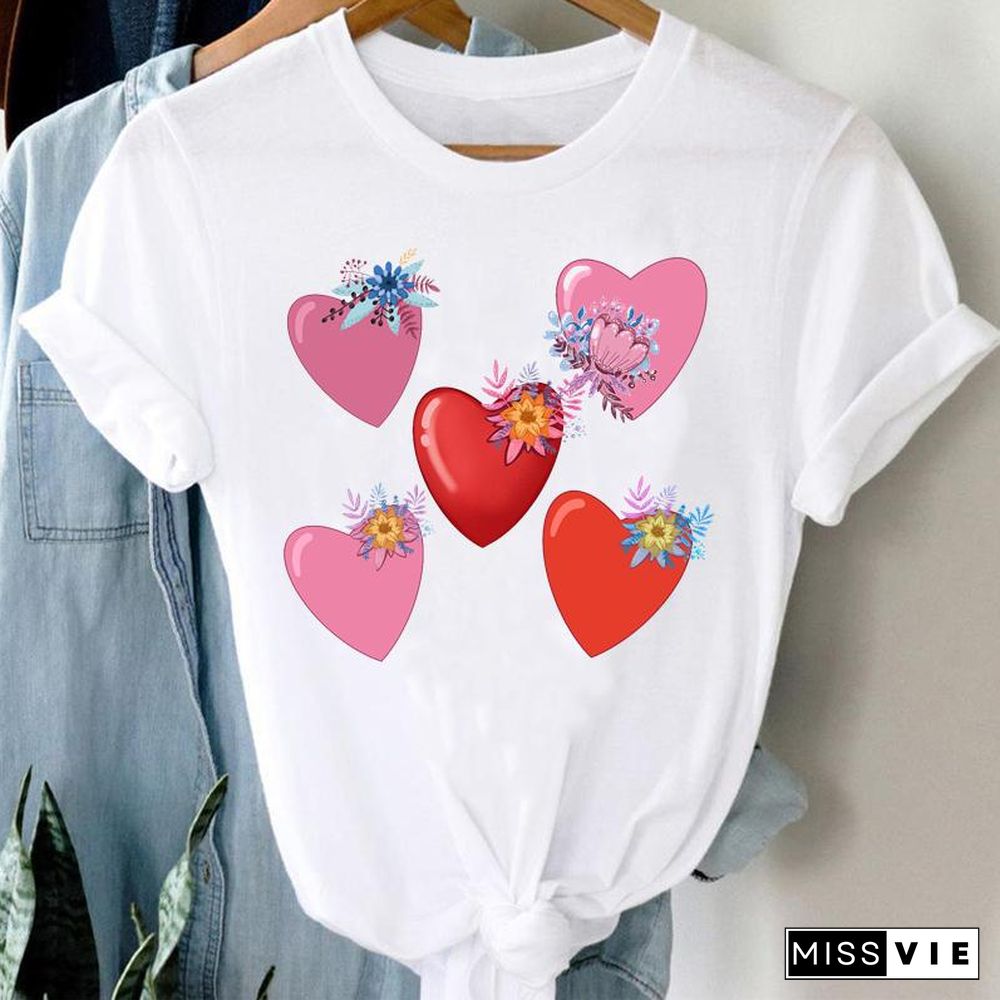 Tee Women Top Leopard Love Heart Cute Clothes Lady Casual Short Sleeve Fashion Summer Tshirt Regular Female Graphic T-Shirt