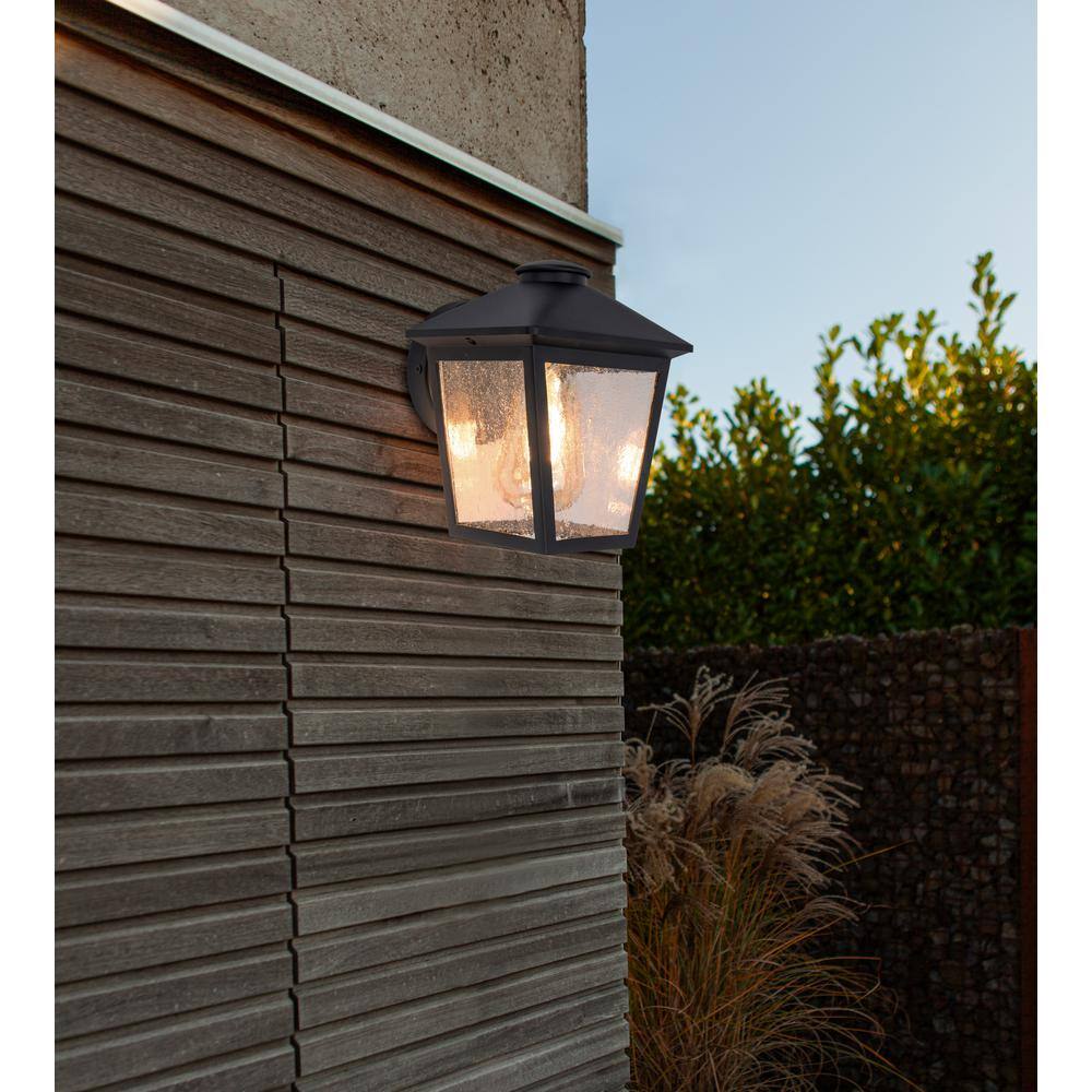 Hampton Bay Malena 1-Light Black Hardwired Outdoor Wall Lantern Sconce with Clear Seeded Glass 5294503012