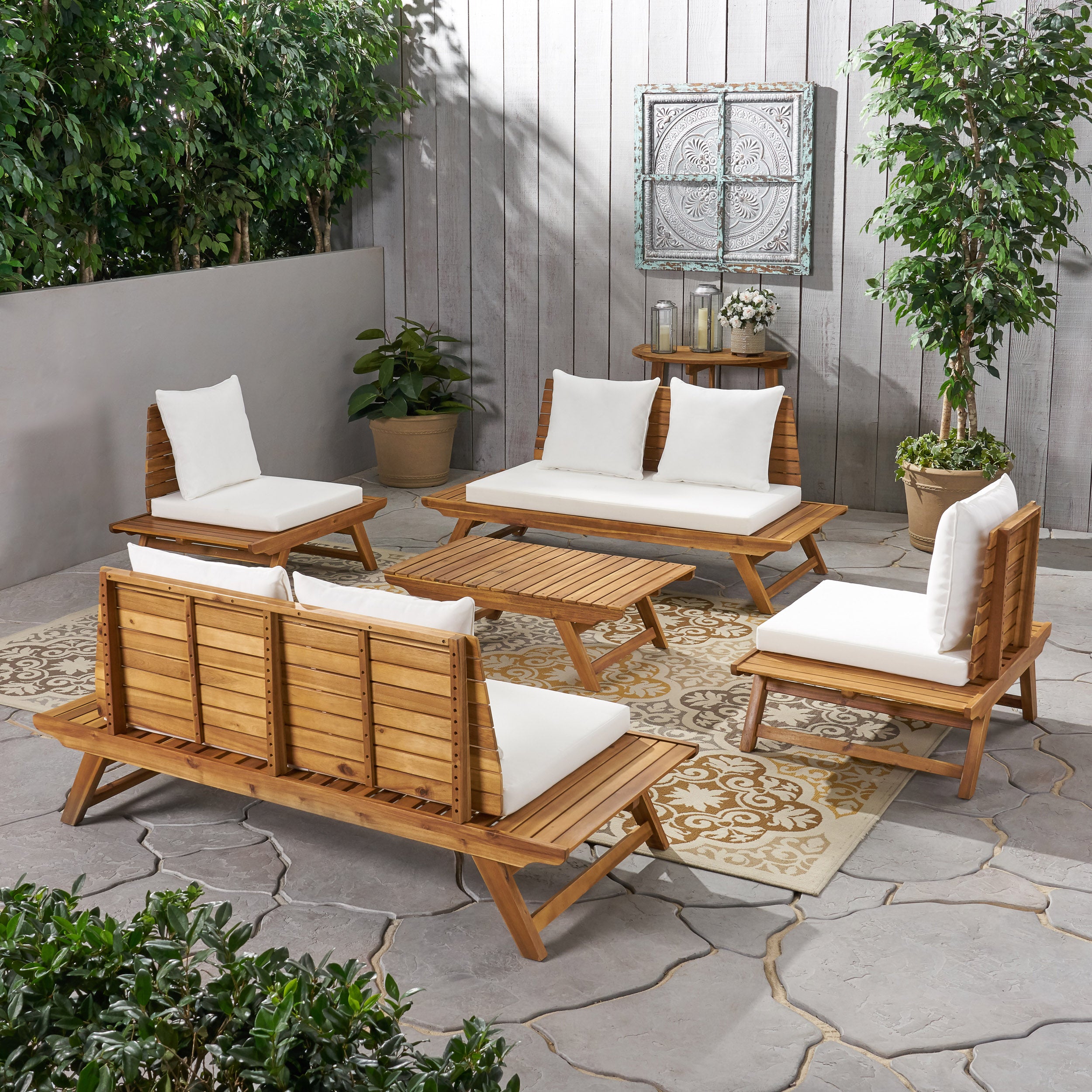 Kaiya Outdoor Acacia Wood 6 Seater Chat Set