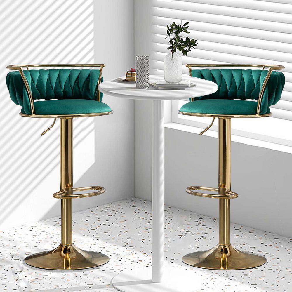 Uixe 38.5 in. Dark Green Low Back Metal Frame Swivel Adjustable Height Bar Stool with Velvet Seat (Set of 2) FOP-BT-GREEN-2