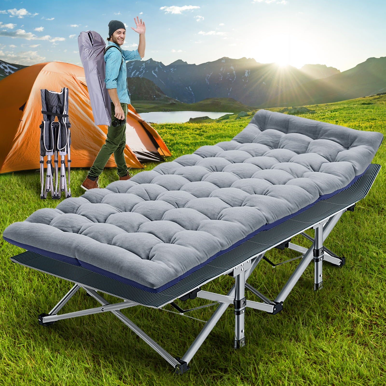 Slsy Camping Cot with 2 Sided Pad, Cots for Sleeping, Tent Bed Folding Cot 800LBS Comfortable Heavy Duty Adult & Kids Travel Cot with Carry Bag