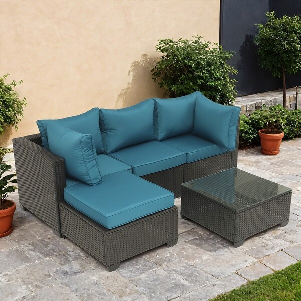 5Piece HandWoven PE Wicker Outdoor Patio Sectional Sofa Set with Cushions and Coffee Table