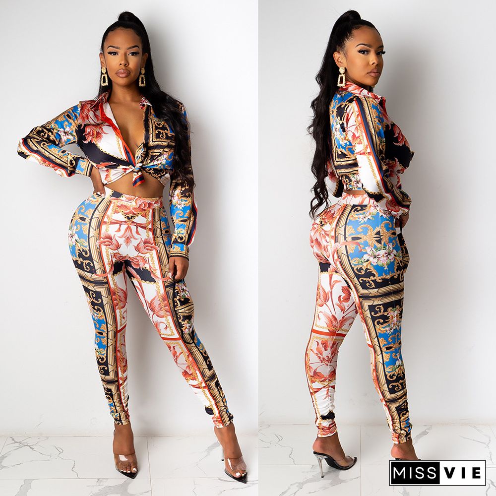 Colorful Printed Long Sleeve Shirt Skinny Pant Two Piece Set