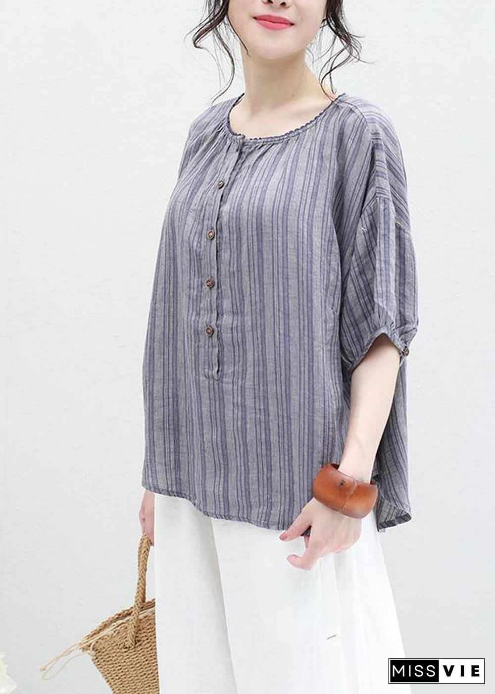 Organic blue striped linen box top o neck half sleeve oversized summer blouse