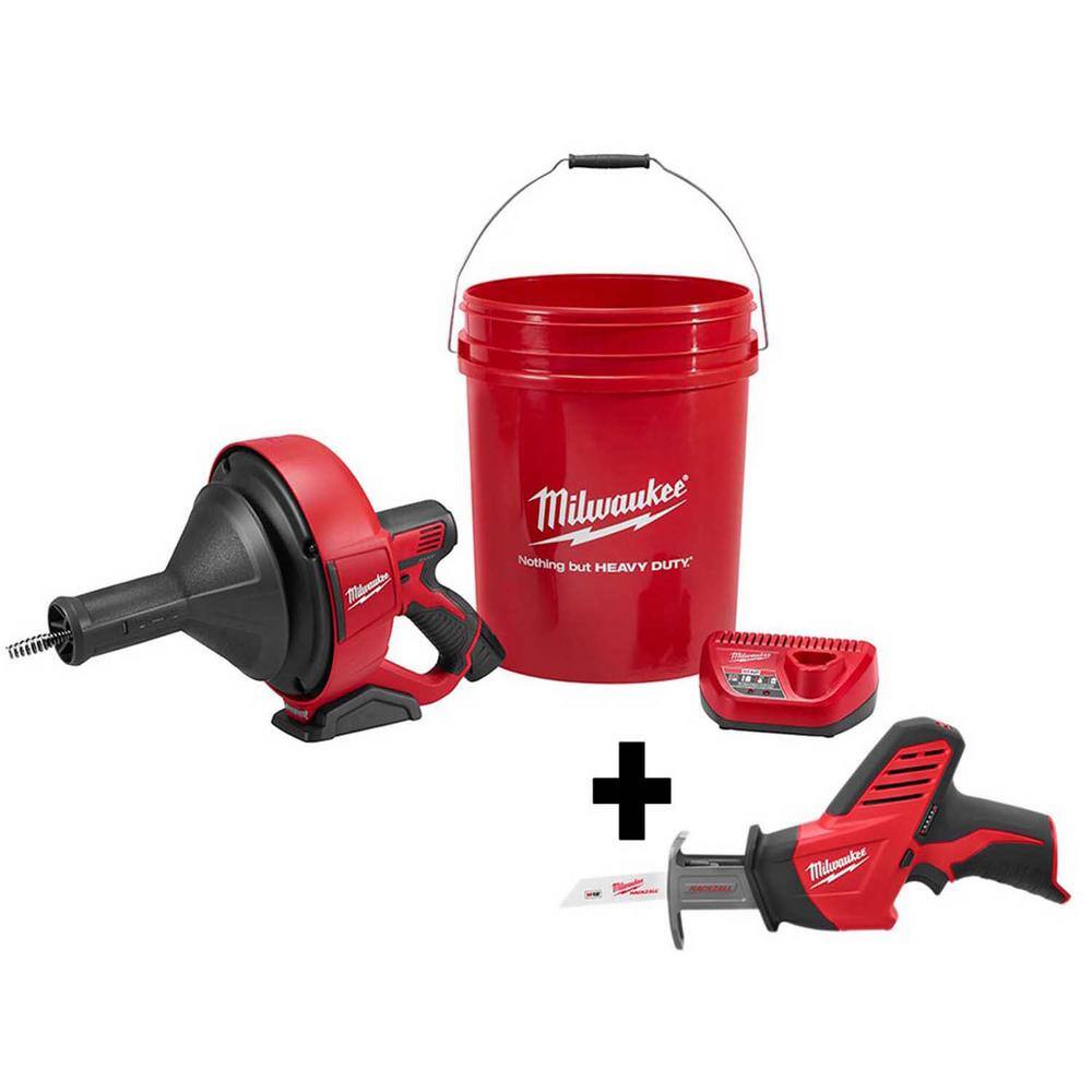 MW M12 12V Lithium-Ion Cordless Auger Snake Drain Cleaning Kit with M12 HACKZALL Reciprocating Saw 2571-21-2420-20