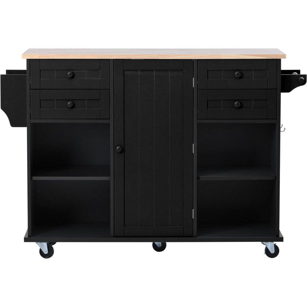 kitchen Island Cart with Spice Rac Towel Rack Drawer Rubber Wood Desktop 5 Wheels Including 4 Lockable Wheels In Black KITCHENBLACK07