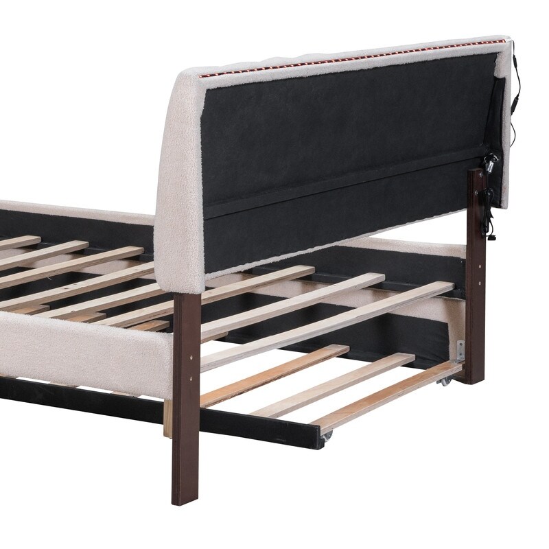 Teddy Fleece Full/Queen Size Upholstered Platform Bed with Trundle  Smart LED Bed Frame with Headboard and Wooden Slats Support