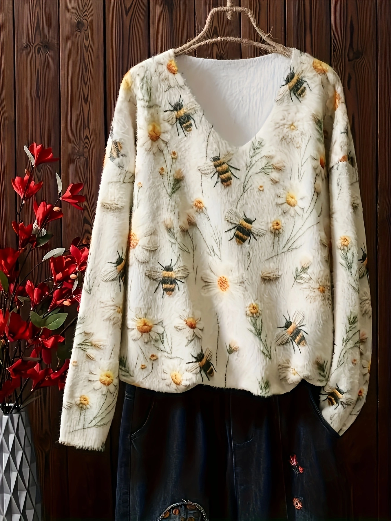 Plus Size Womens Bee & Floral Pattern Sweater - Casual Long Sleeve V Neck Top for Fall & Winter, Soft and Cozy Knitwear for Chilly Days, Perfect for Everyday Wear