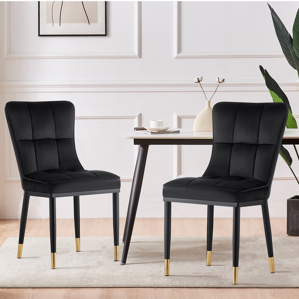 Velvet Upholstered Dining Chairs with Checked Pattern   Metal Legs