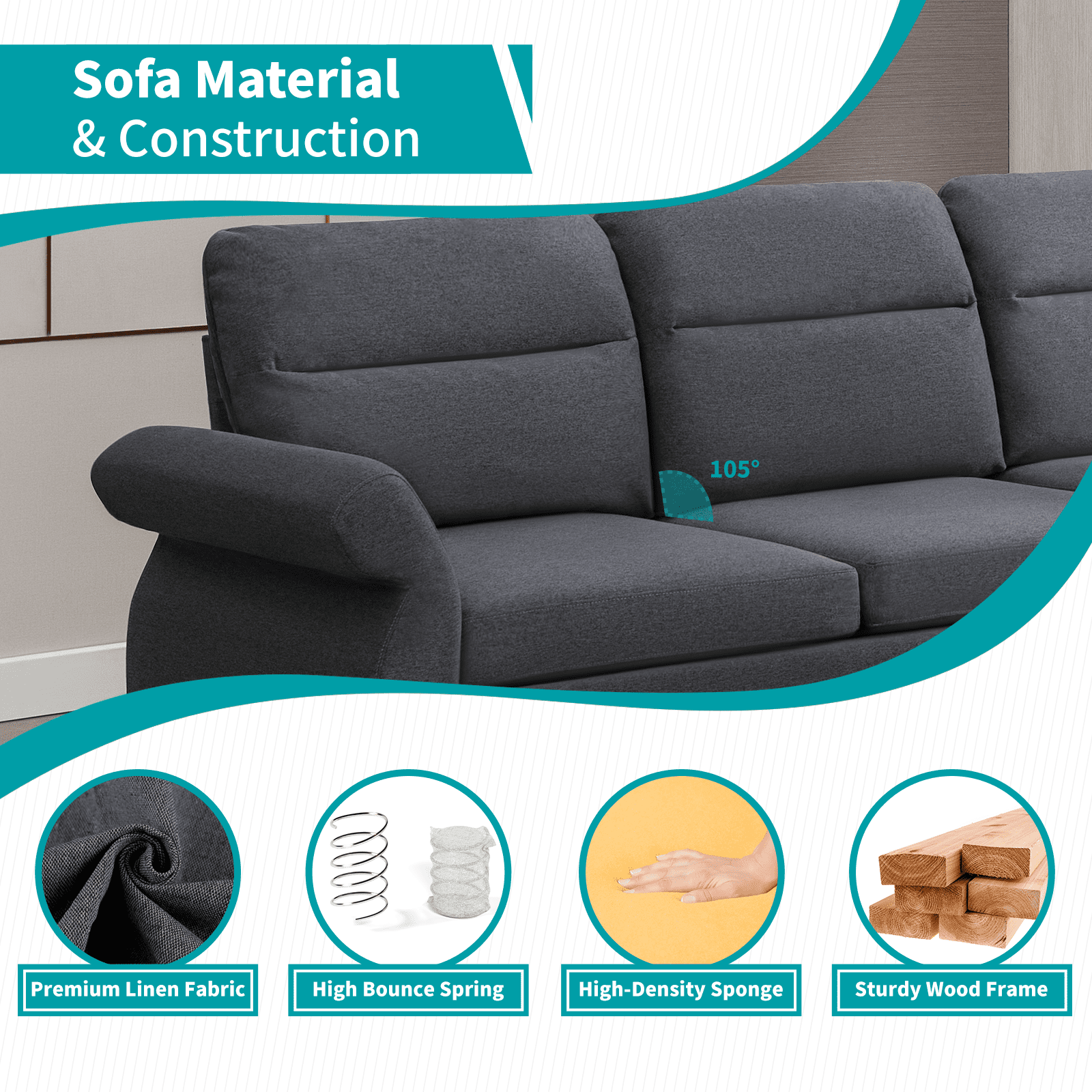 BALUS Convertible Sectional Sofa Couch with 2 USB Ports and Adjustable Armrest, 86