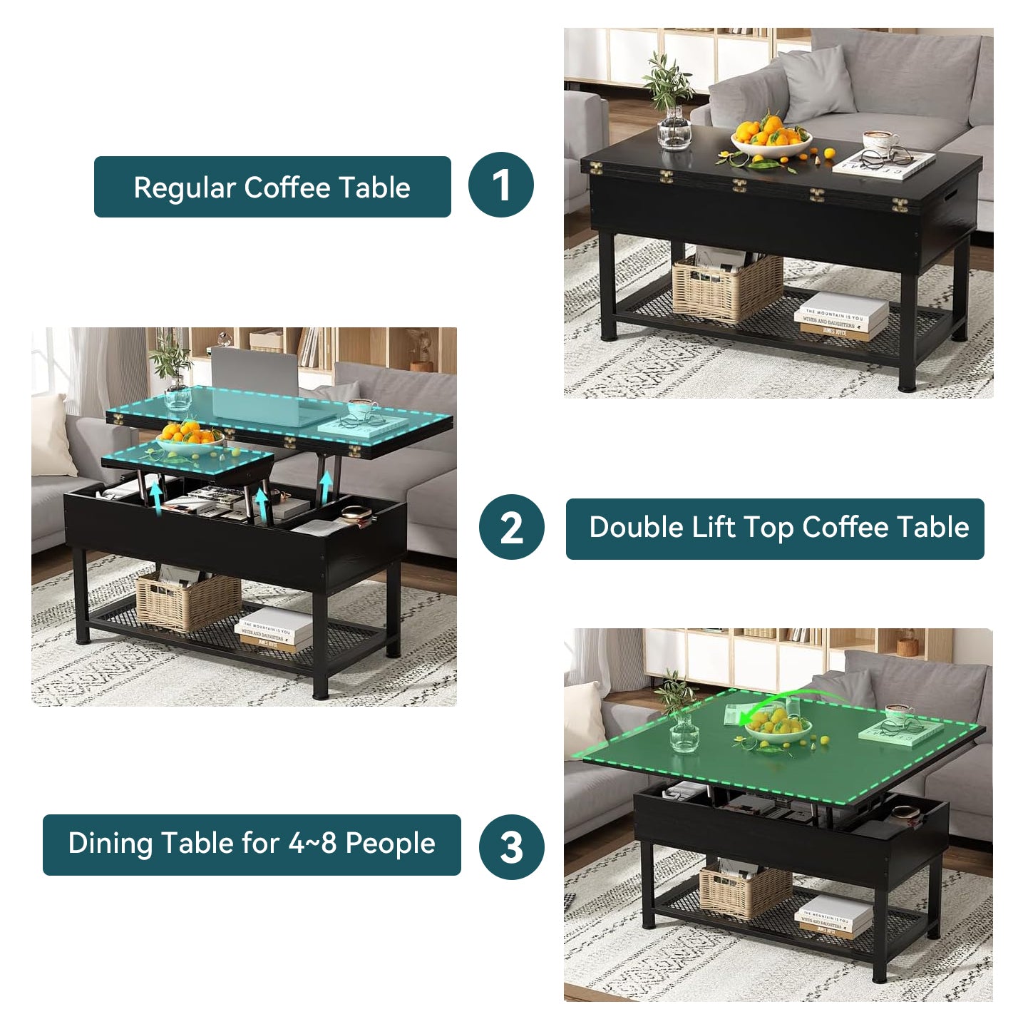 Coffee Table with Lifting Top Modern Lift Dining Table with 4 Storage Spaces