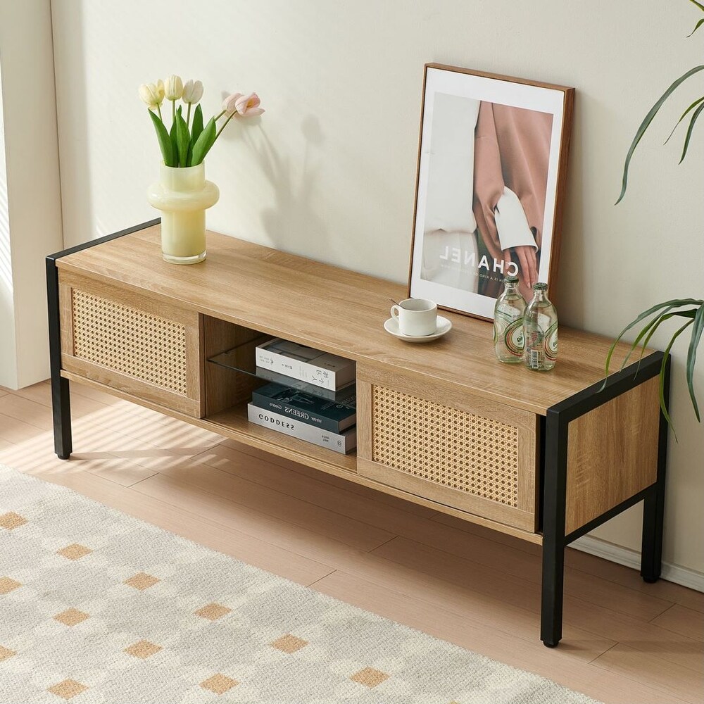 Rattan TV cabinet with variable color light strip AND metal legs