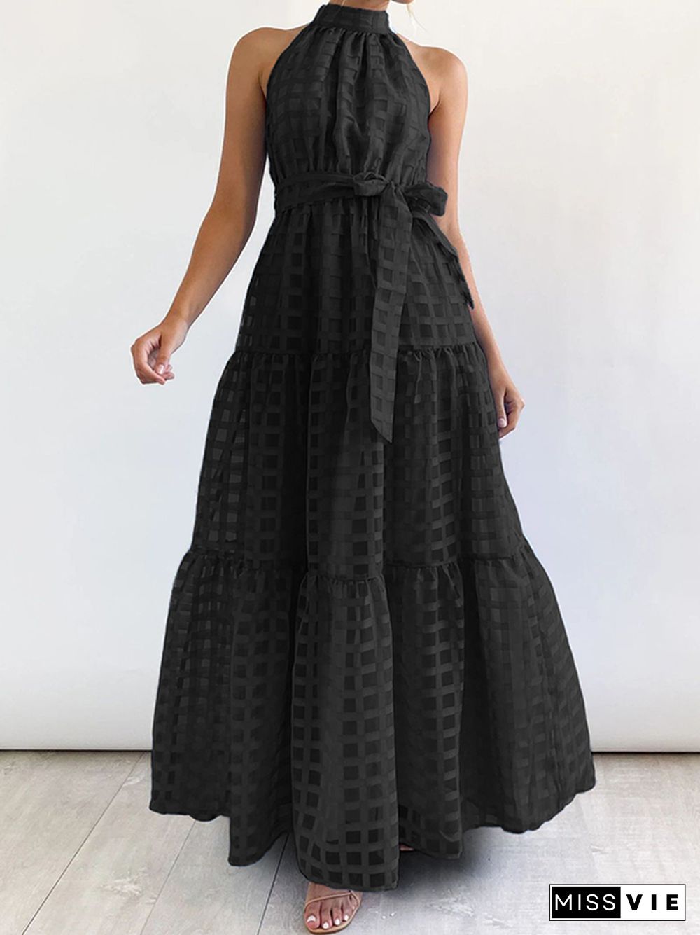 Loose Sleeveless Plaid Ribbed Stand Collar Maxi Dresses