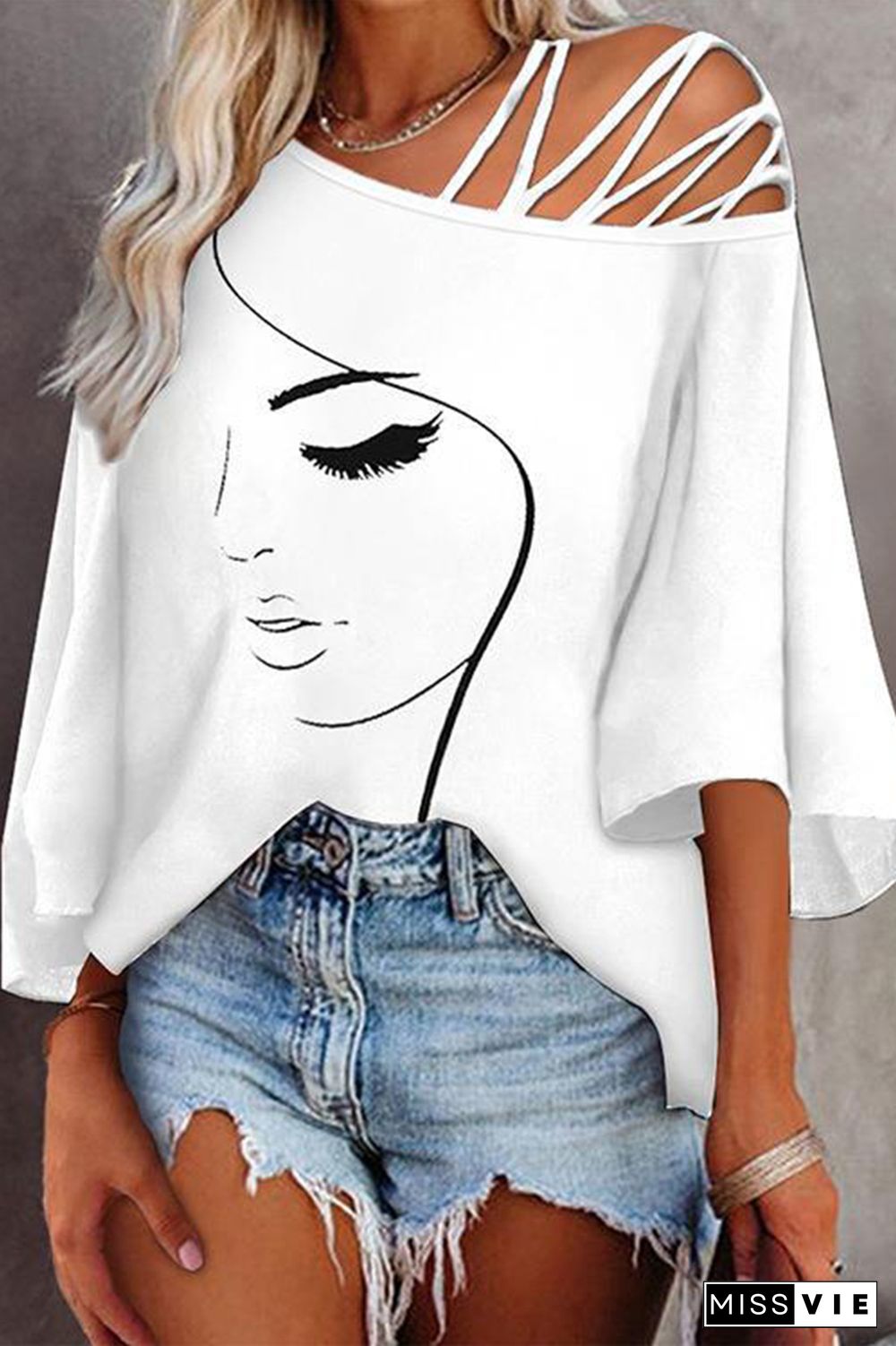 Figure Print Hollow Out Asymmetrical Neck Blouse