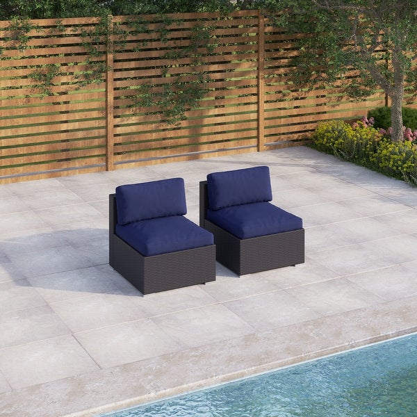 4-Piece Patio Outdoor Furniture Sectional Sofa Set All-Weather Wicker Rattan with Navy Blue Cushions - Overstock - 32039497