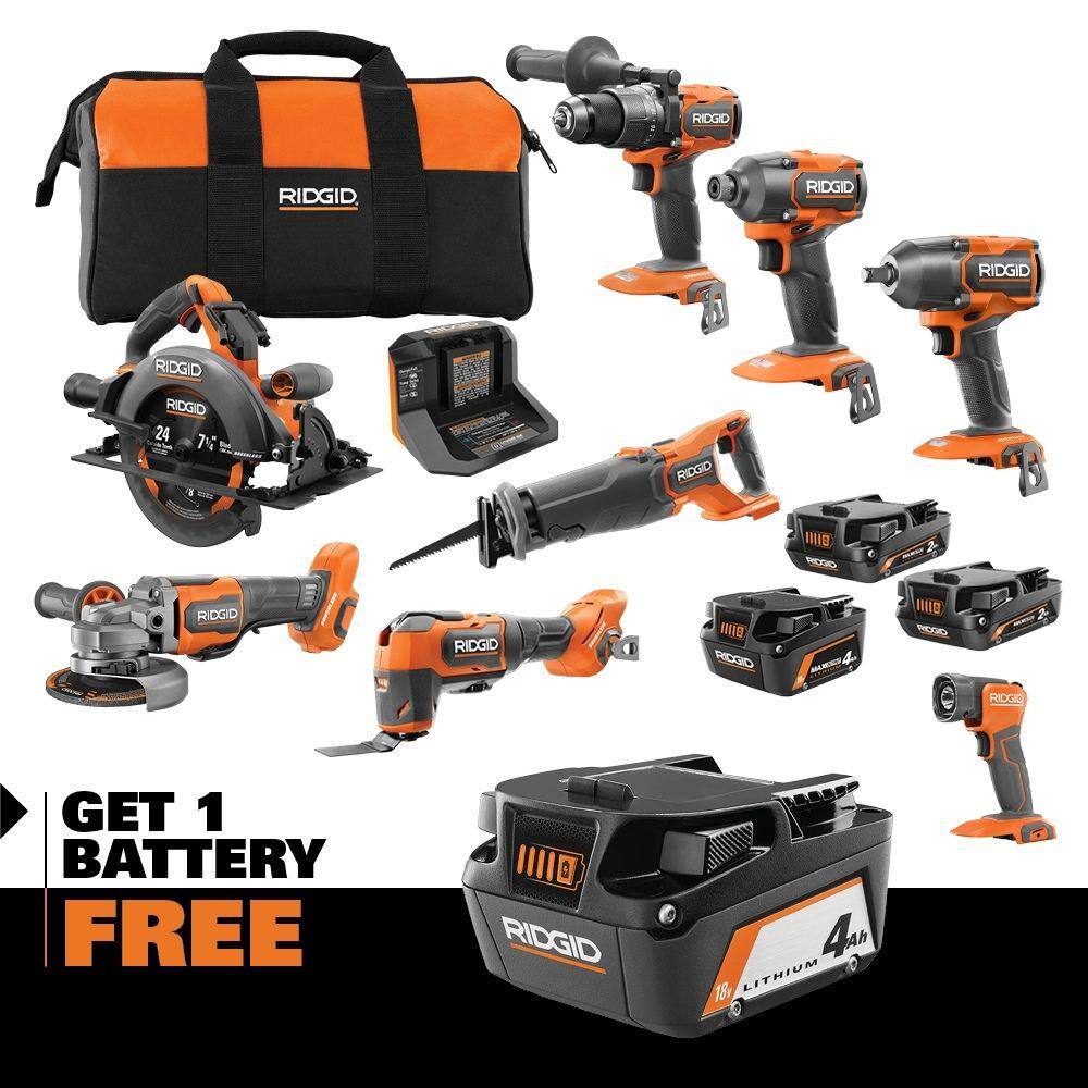 RIDGID 18V Brushless 8-Tool Combo Kit w (2) 2.0 Ah and (1) 4.0 Ah MAX Output Batteries Charger  18V 4.0 Ah Battery R96264N-AC87004