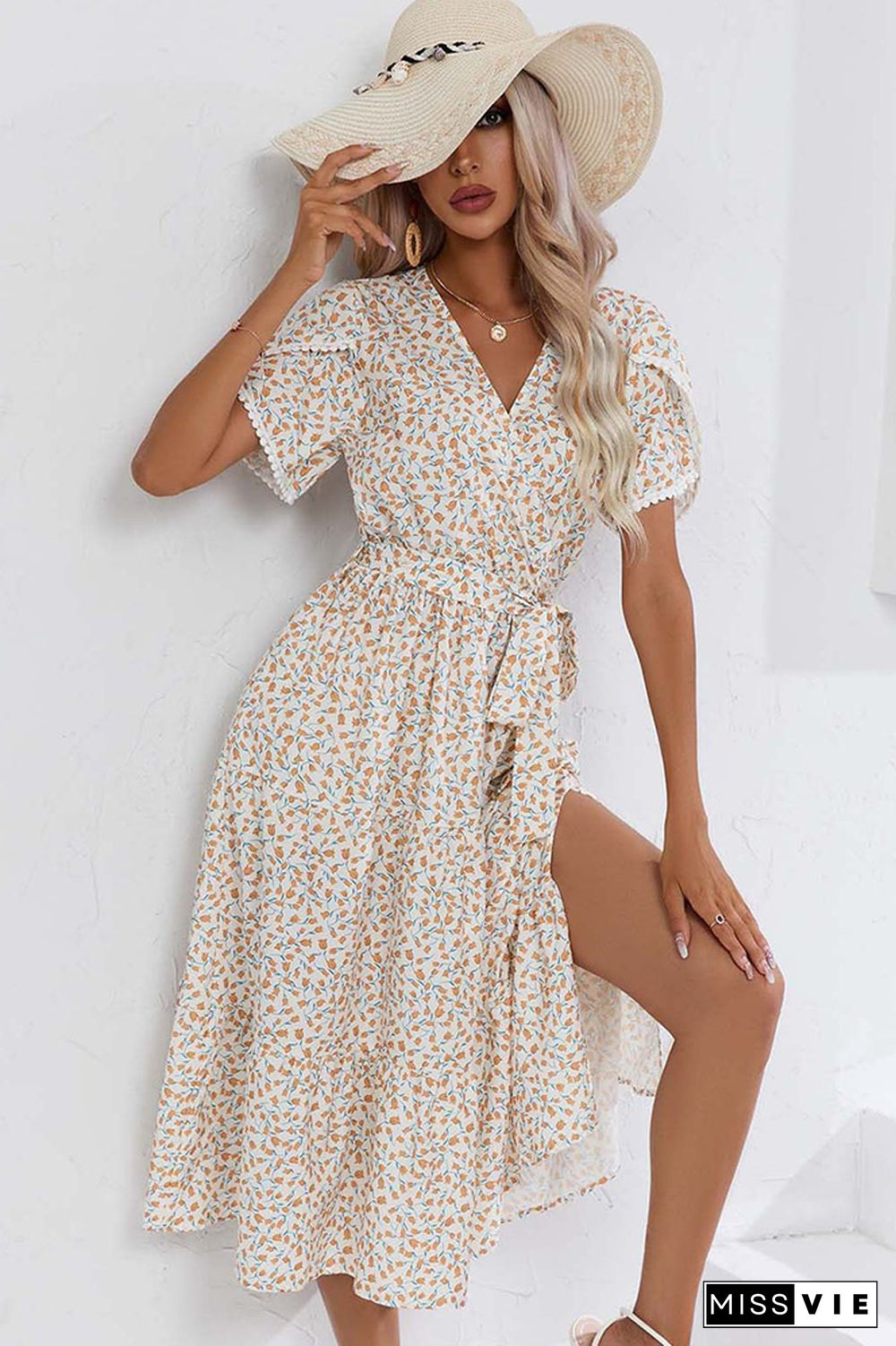 Wrap V Neck Tulip Sleeves Maxi Floral Dress