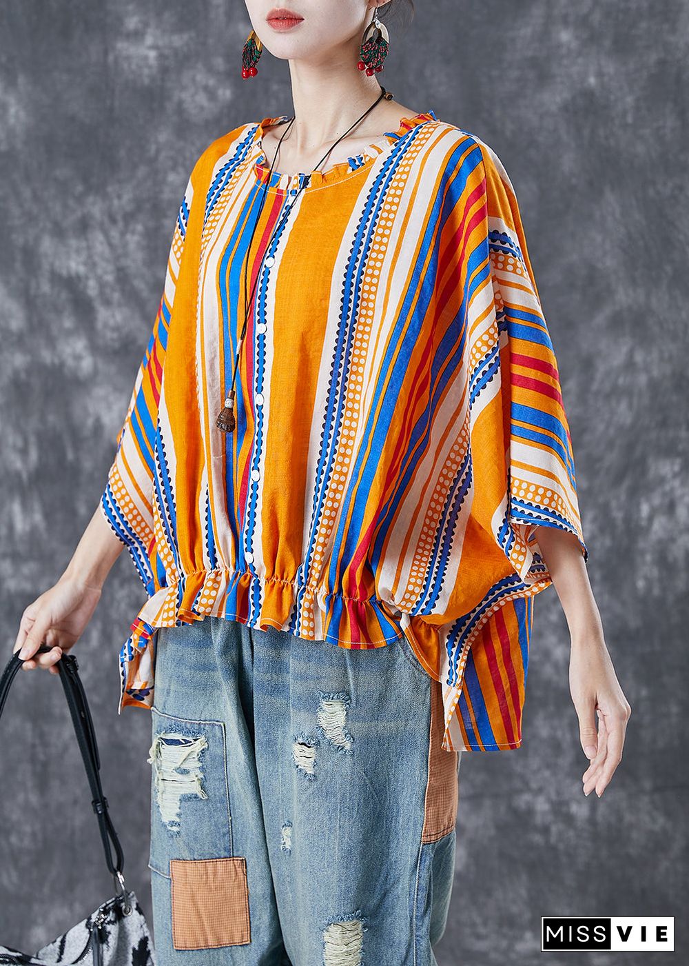 Bohemian Yellow Oversized Striped Wrinkled Cotton Shirt Batwing Sleeve