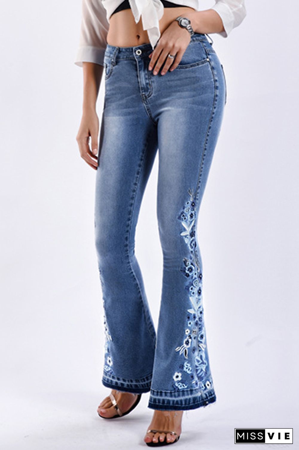 Bleach Embroidered Side Bell Bottom Flared Jeans Wholesale Boutique