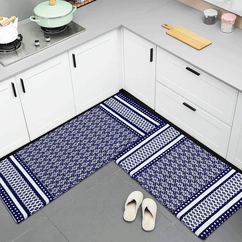 Anti Fatigue Standing Cushioned Kitchen Bath Mats [Set of 2] Woven Cotton  Waterproof  Non Slip  for Office  Sink  Laundry