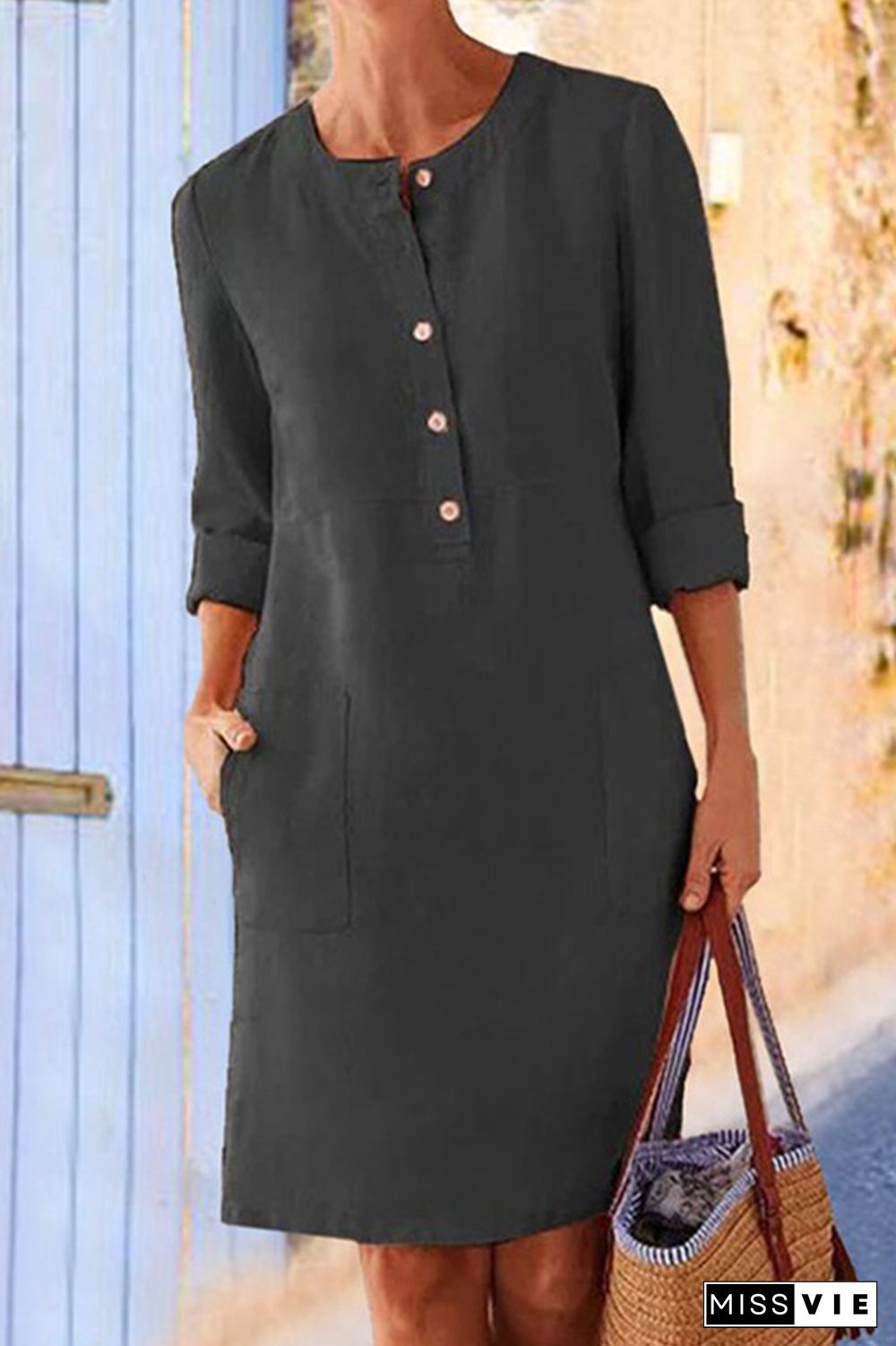 Casual Solid Pocket Buckle O Neck Long Sleeve Dresses(6 Colors)