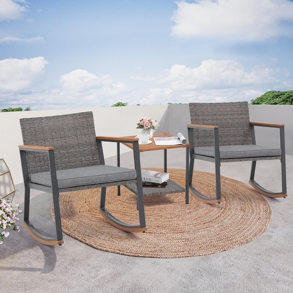 3 Pieces Wicker Rocking Bistro，Weather Rattan Patio Outdoor Furniture Conversation Chair Sets with Coffee Table and Cushions