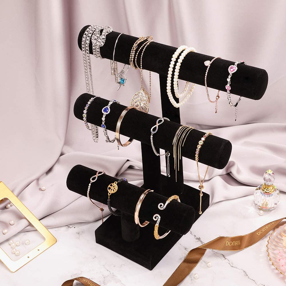 PinkSheep 3 Tier T-Bar Velvet Jewelry Organizer Display Stand Earrings Bracelet Necklace Holder Stand