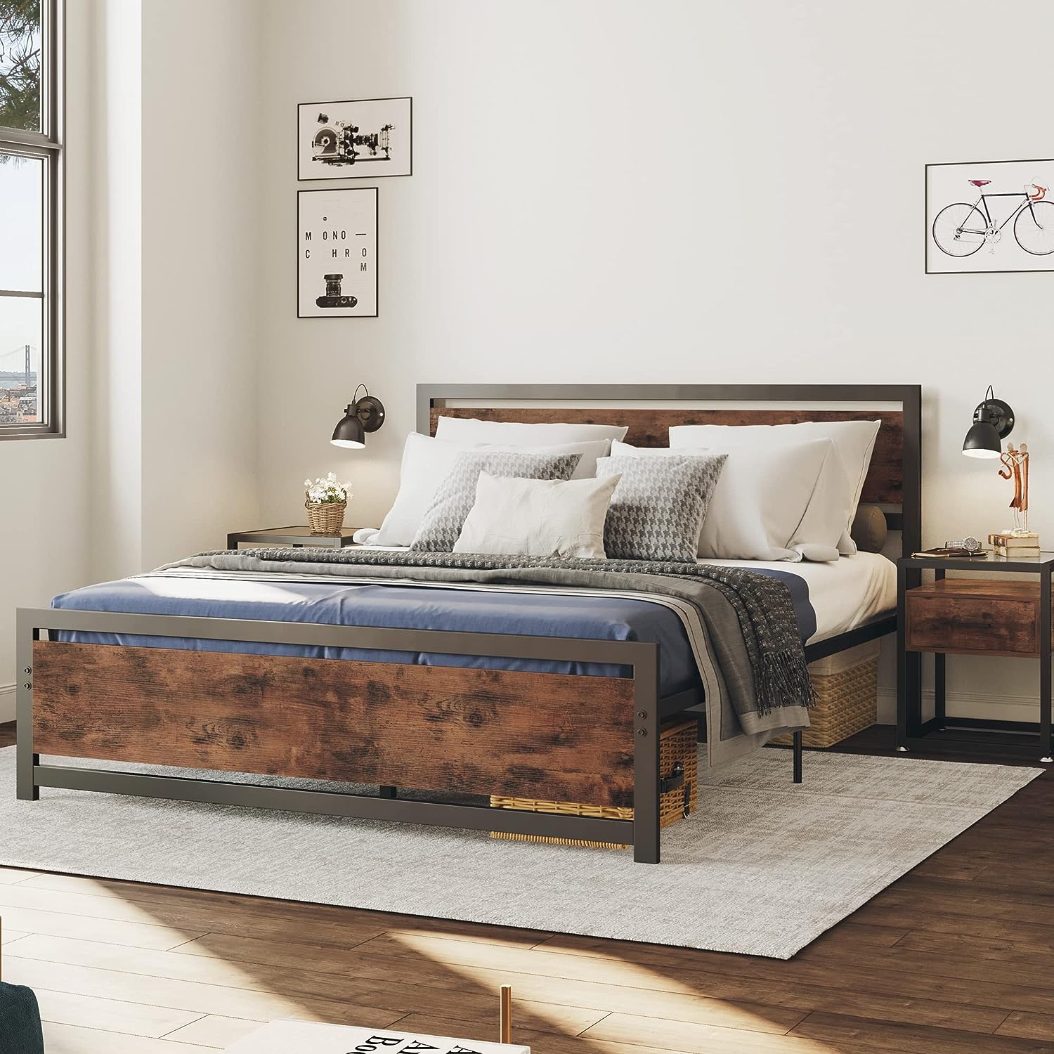 Industrial Platform Bed Frame with Headboard and Footboard, Strong Supports, Noise-Free, No Box Spring Required