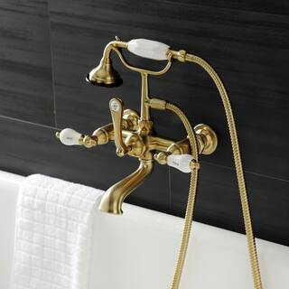 Kingston Brass Aqua Vintage 3-Handle 7 in. Wall Mount Claw Foot Tub Faucet with Hand Shower in Brushed Brass HAE555T7