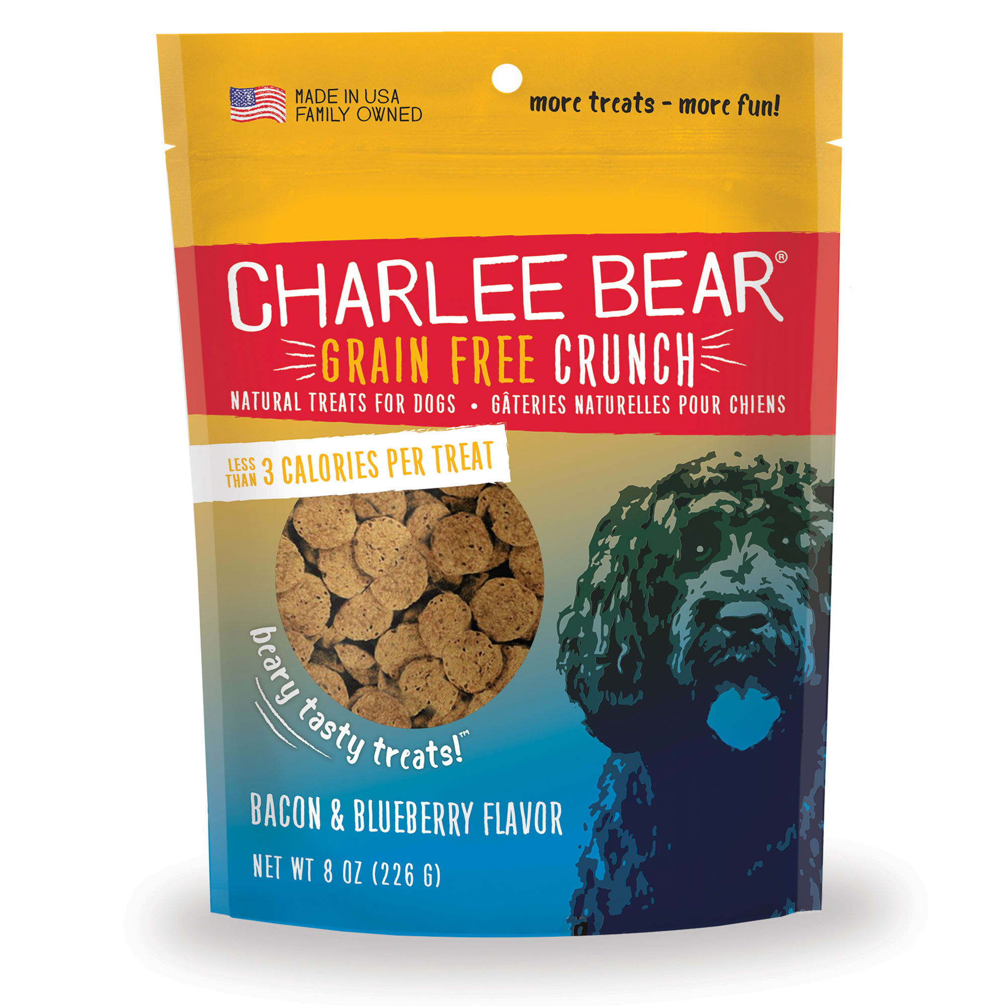 Charlee Bear Grain Free Bacon  Blueberry Bear Crunch Dog Treats， 8 oz.