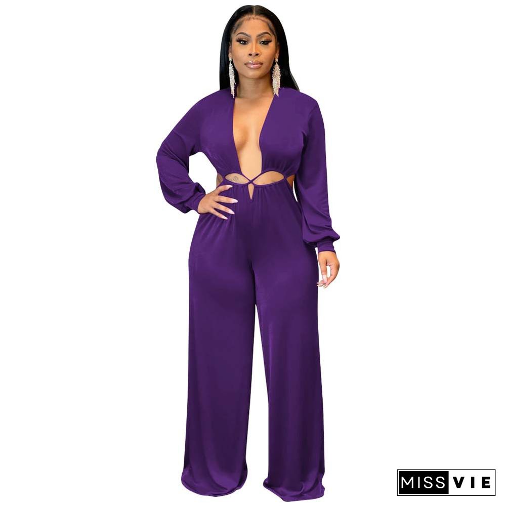 Low Cut Deep V Hollow Out Wide Leg Jumpsuit