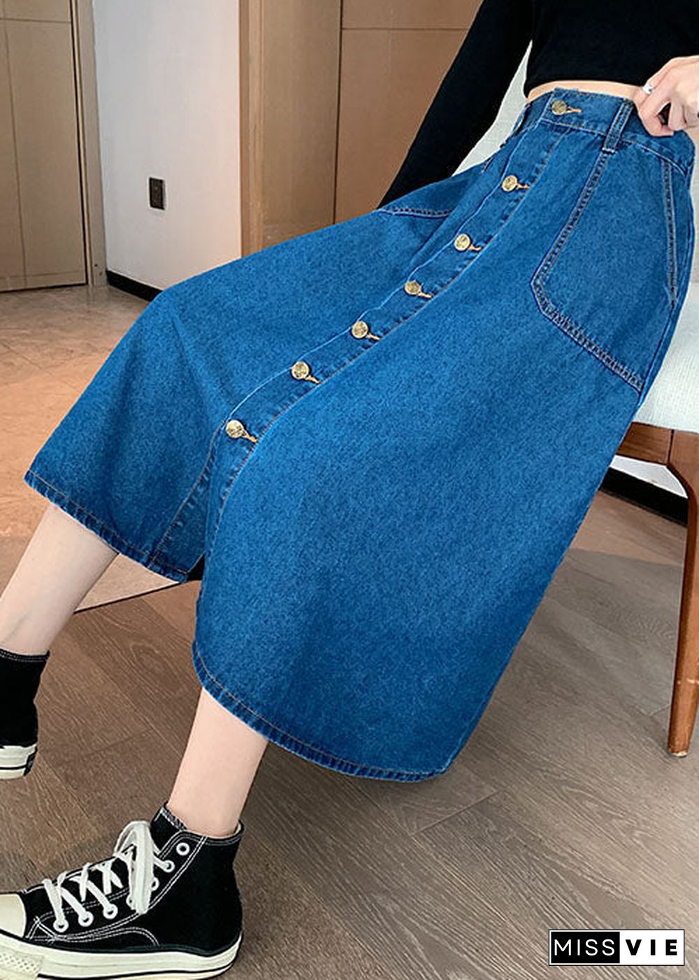 Plus Size Navy Elastic Waist Button Exra Large Hem Cotton Denim Skirt Summer