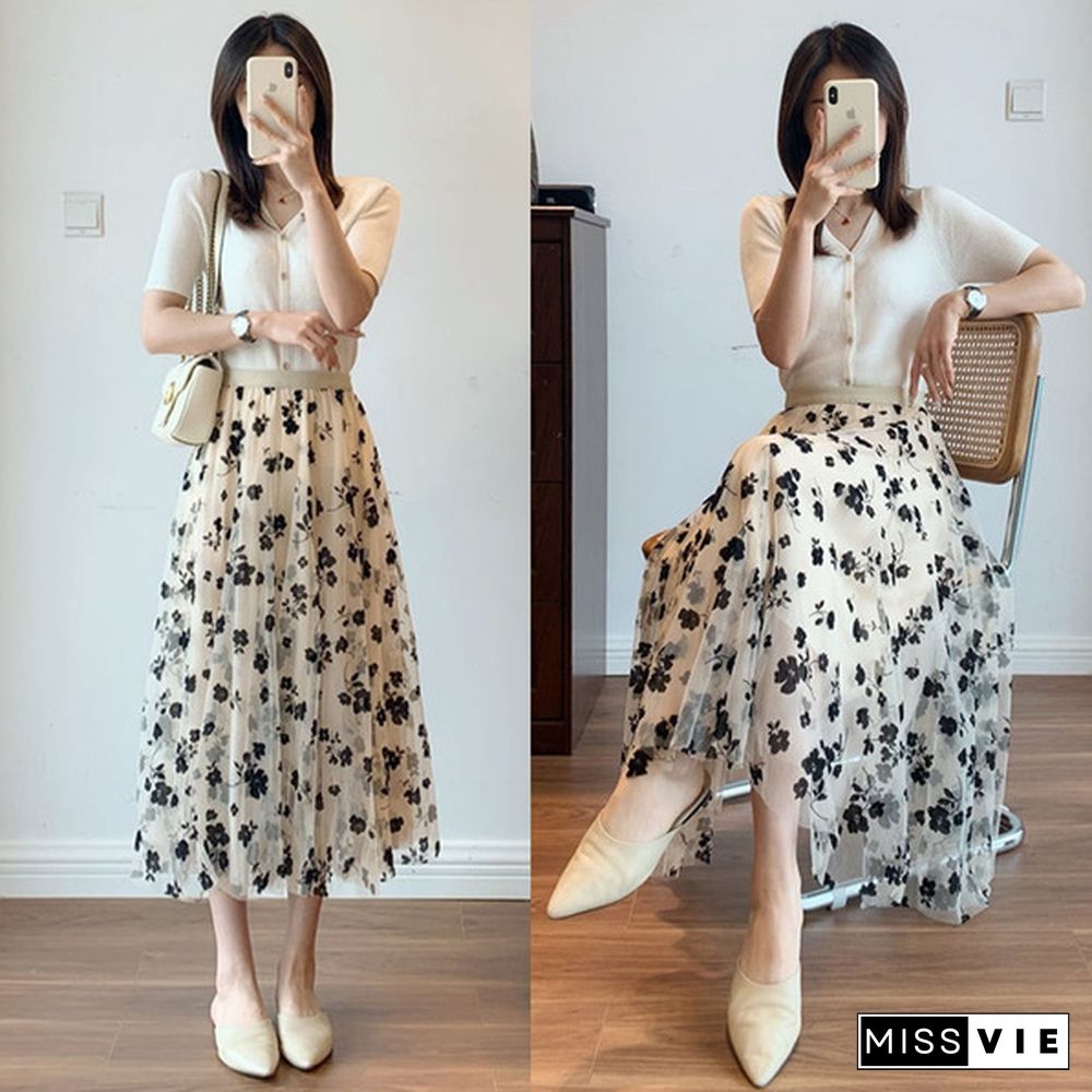 Wome Lace Long Skirt High Waist Tulle Skirts Ladies Summer Casual Loose Elegant Maxi Skirts