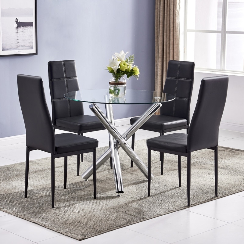 Modern Tempered Glass Table and Upholstered Chair 5 piece Dining Set